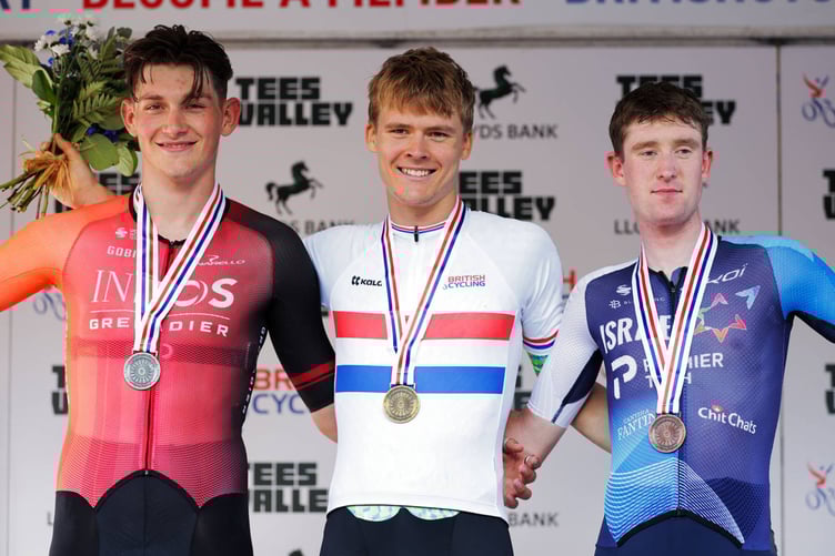 Josh Tarling (left) on the podium with winner Bob Donaldson (middle) and Joe Blackmore