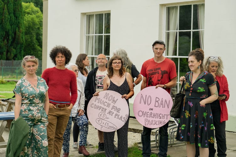 A group from the community turn out in protest at the tabled motion to ban overnight parking at Y Plas car park