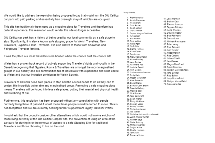 The letter submitted to the council, written by Travellers who use the stopping place and signed by 70 community members