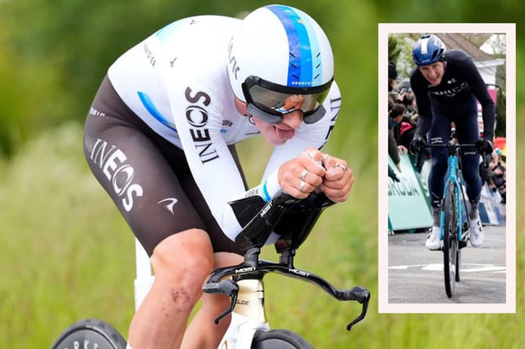 Josh Tarling on his way to time trial victory at the National Road Championship; inset, Stevie Williams on his way to winning La Flèche Wallonne (Photos: SWPix and Sprint Cycling)