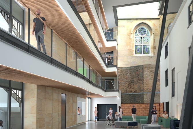 The new building will include this beautiful atrium with walkways (left) creating level access to the Old College (the light stone building in front) with a cafe flowing from the villas (right)