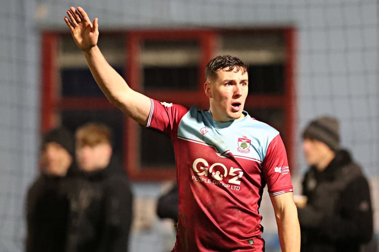 OLD COLWYN, COLWYN BAY, CONWY - 29th NOVEMBER 2023 - Colwyn Bay's Matty Hill during Colwyn Bay FC vs Connah's Quay Nomads in Round 17 of the JD Cymru Premier at The Four Crosses Construction Arena, Colwyn Bay (Pic by Sam Eaden/FAW)