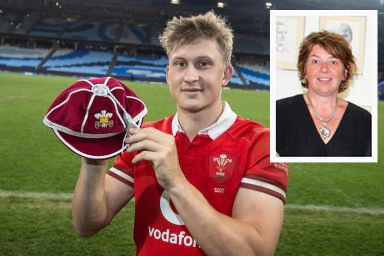 Joshua is flying the flag for Clwb Rygbi Aberystwyth according to Nerys Hywel (inset)