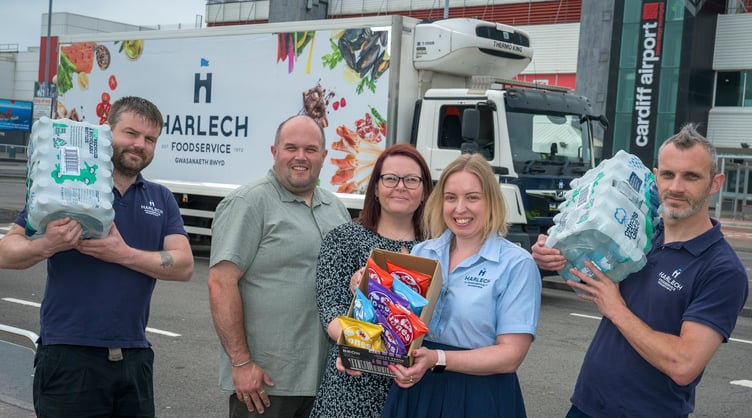 Harlech driver Nathan Ball, Chris Mason and Stacey Andrews, of Cardiff Airport, Laura Griffiths, Harlech Key Account Manager, and Harlech driver Huw Rowlands. Photo: Patrick Olner