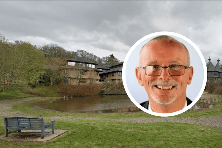 County Hall in Llandrindod Wells. Inset is Cllr Graham Breeze