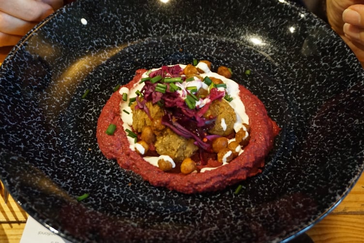 Fly-lafels and Hummus - chickpea and locust flour falafels with mint and beetroot hummus and pickled red cabbage