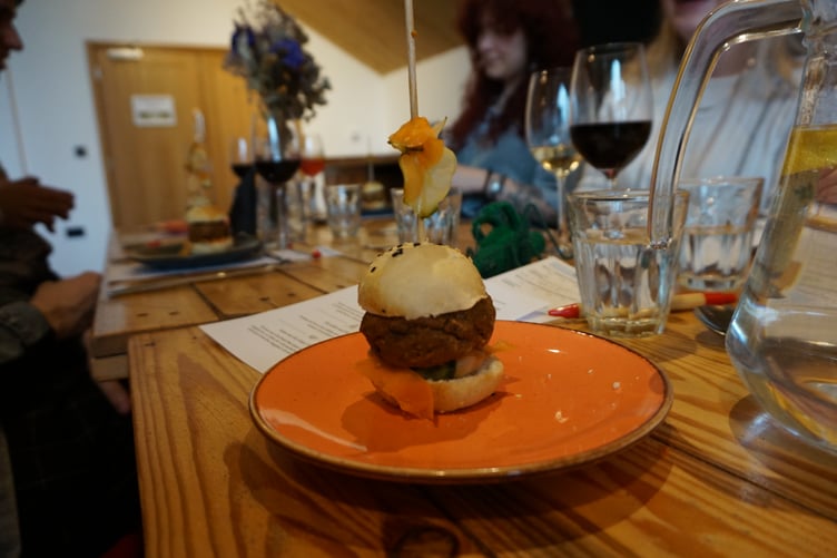 The Bug-ger - smokey sweet potato and mixed bean burger with additional cricket flour, served with citrus pickles and a lime mayonnaise