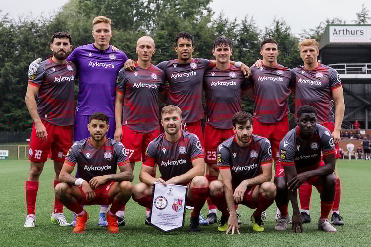 OSWESTRY, ENGLAND - 11 JULY 2024: Bala Team photo during the UEFA Conference League first qualifying round 1st leg fixture between Cymru premier Bala Town FC & Estoniasâ Paide Linnameeskond at Park Hall Stadium, Oswestry, England (Pic by John Smith/FAW)