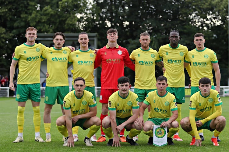 BANGOR, GWYNEDD, WALES - 11th JULY 2024 - The Caernarfon squad photo before Caernarfon Town vs Crusaders FC in the UEFA Europa Conference League First qualifying round at Nantporth Stadium, Bangor (Pic by Sam Eaden/FAW)