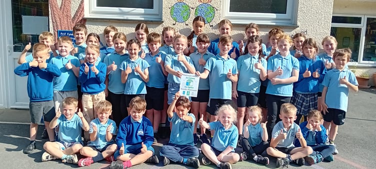 Ysgol Llanfarian pupils celebrate their platinum eco award
