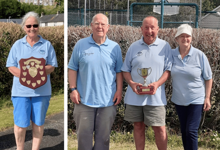 Roy Moreton Shield winner Pam Payton; Cyril Hudson Cup winner Richard Gears (centre) with runner up Rose Martin and Club Captain Colin Hopkins