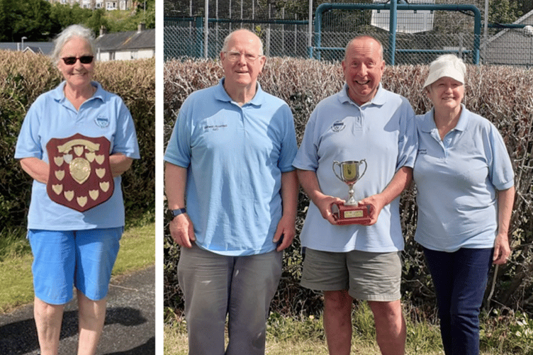 Roy Moreton Shield winner Pam Payton; Cyril Hudson Cup winner Richard Gears (centre) with runner up Rose Martin and Club Captain Colin Hopkins