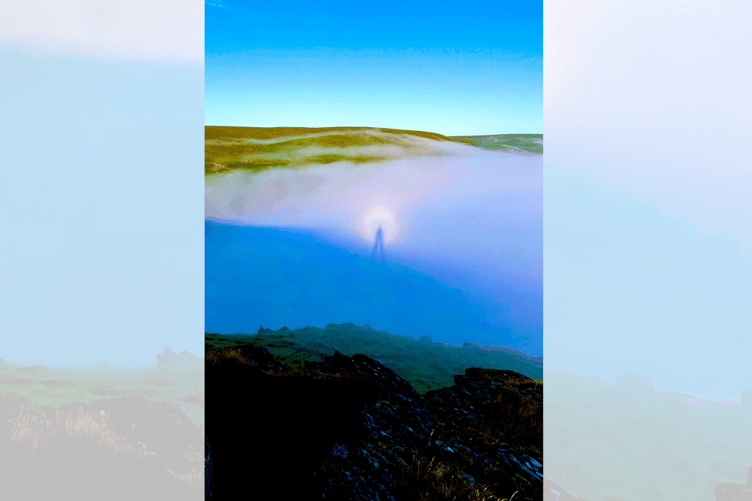 The Brocken bow, mountain spectre, or spectre of the Brocken appears as a huge magnified shadow of the observer over clouds