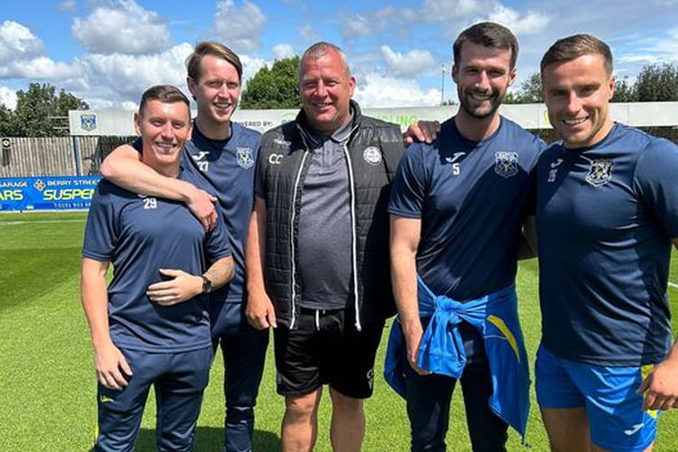 Bala boss Colin Caton with former Lakesiders Sean Smith, Anthony Miley, Jonny Spittle and Will Bell