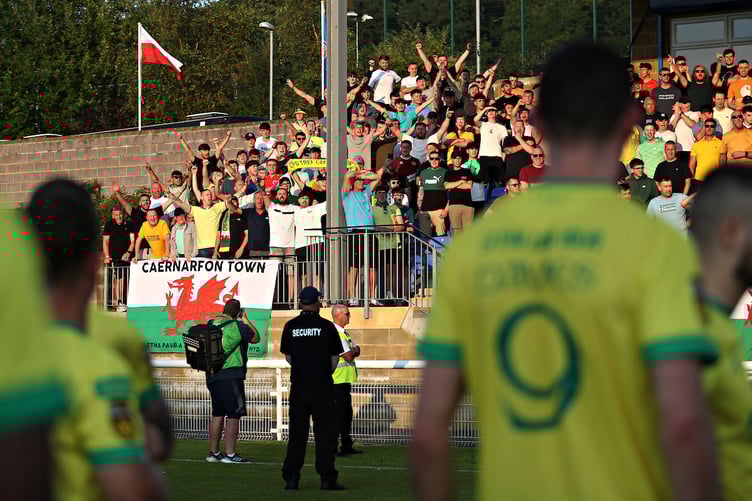 BANGOR, GWYNEDD, WALES - 1st AUGUST 2024 - Caernarfon fans after Caernarfon Town FC vs Legia Warszawa in the UEFA Europa Conference League Second qualifying round second leg at Nantporth Stadium, Bangor (Pic by Sam Eaden/FAW)