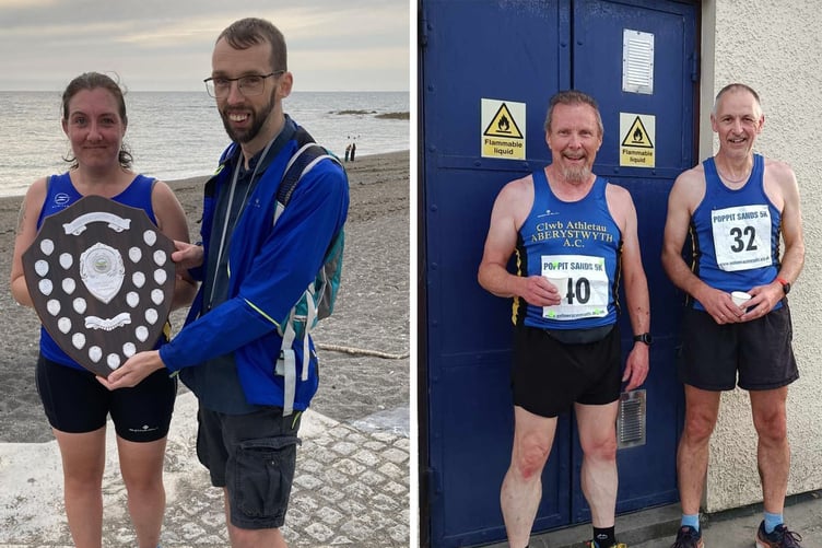 Left, Theresa Sharland receivng her trophy from Ian Evans; right, Dave and Paul raring to go at Poppit Sands