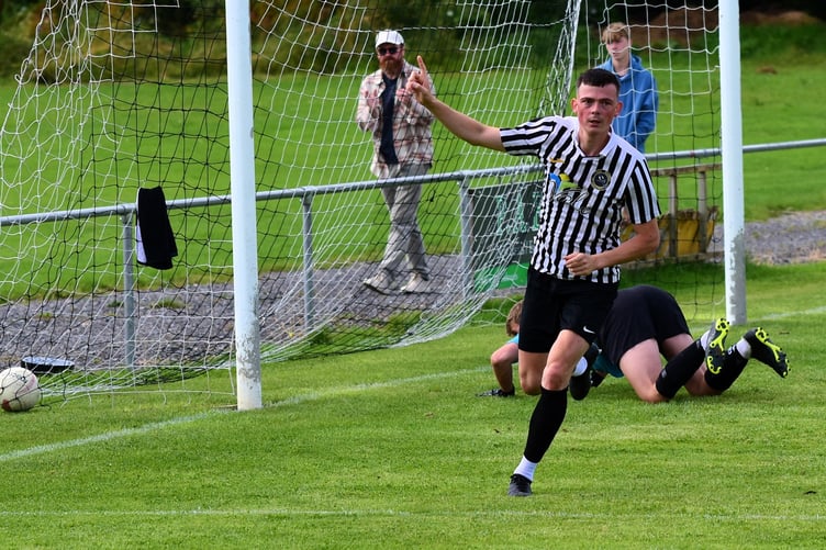 Callum 'CJ' Page celebrates his goal against Tregaron Turfs