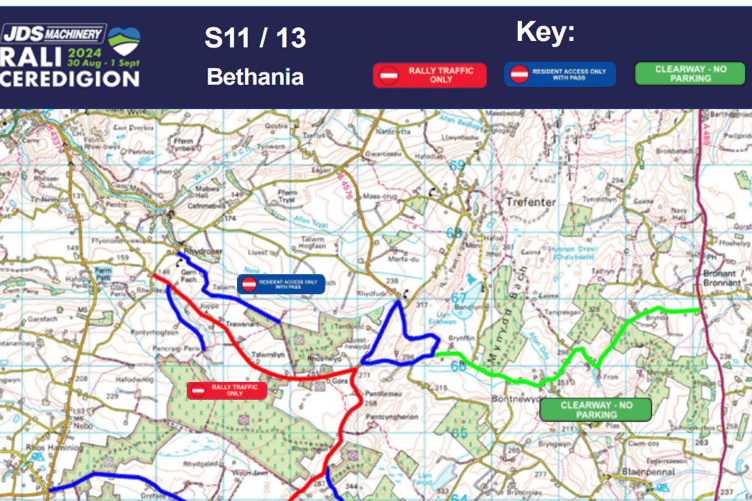 The top red line runs along Dave's road, cutting off his only road access whilst the stage 11/13 race runs on Sunday 1st Sept