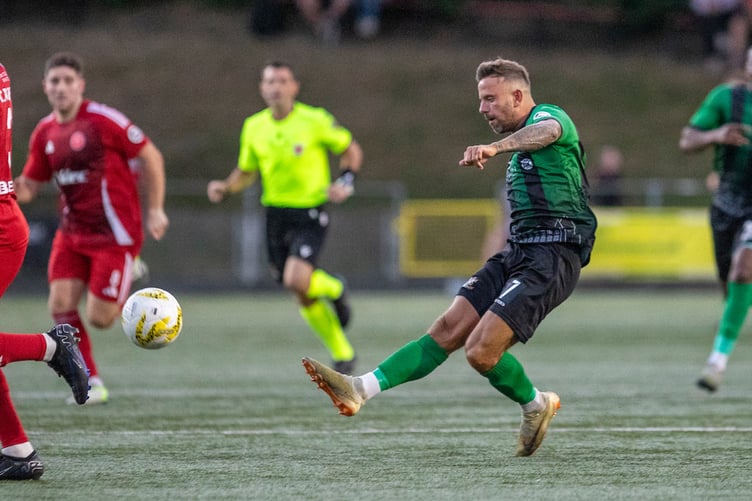 NEWTOWN, WALES - 9 AUGUST 2024: Aberystwyth Town's David Evans during the JD Cymru Premier fixture between Newtown and Aberystwyth Town at Latham Park, Newtown, Wales (Pic by Nik Mesney/FAW)