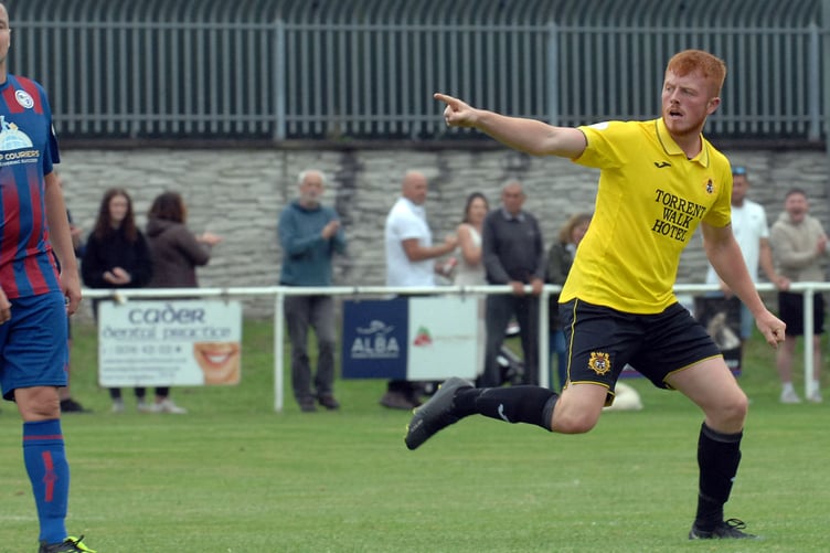 Gerwyn Williams celebrates his goal against Llangollen