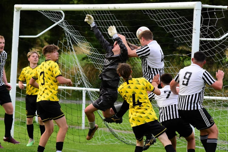 Goalmouth action from Bow Street Reserves' 9-0 win against Penybont (Photo: Bev Hemmings)