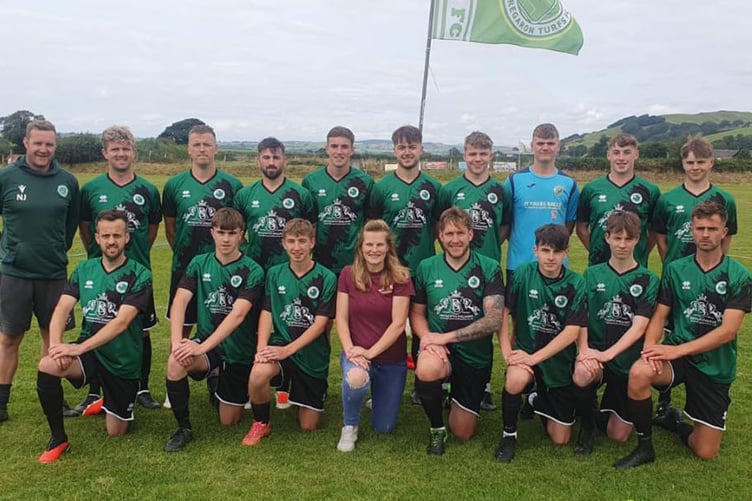 Tregaron Turfs in their new kit sponsored by Bryngwyn Stallions