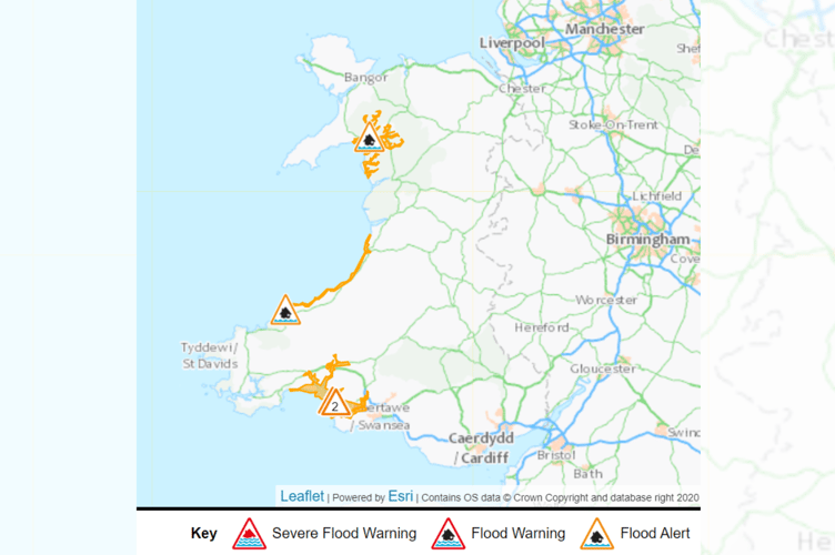 Flood alerts have been issued for Porthmadog, Aberystwyth and Swansea for this evening.