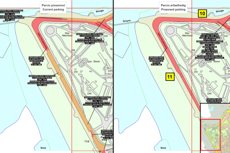 (left) the current parking provision on New Promenade, (right) the proposed parking plan. Red is 'no waiting at any time' whilst yellow is ' prohibition of waiting for caravans and motor caravans'.