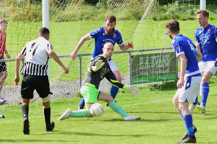Goalmouth action from Bow Street's 4-2 cup win against Llandrindod Wells (Photo: Bev Hemmings)