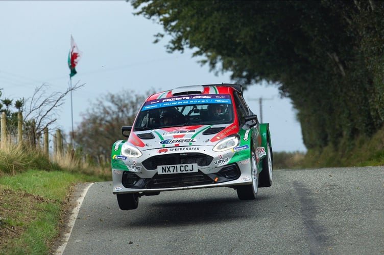 Osian Pryce and co driver Rhodri Evans take to the air at Rali Ceredigion