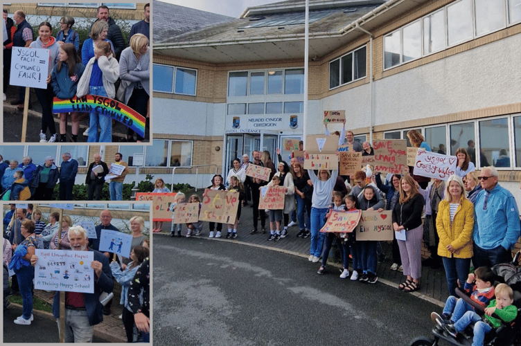 Protesters outside Penmorfa ahead of a meeting to decide the future of four north Ceredigion schools