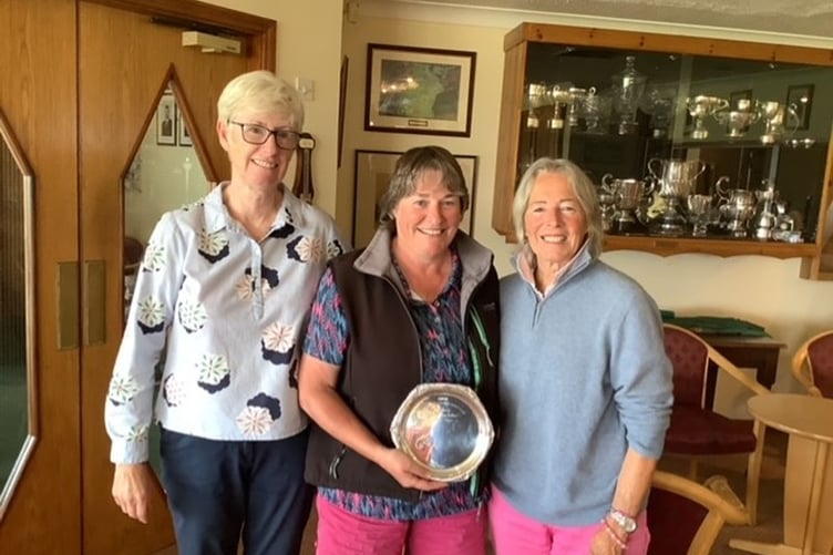 Captain Catrin Pugh Jones and Shan Powell presenting the Robers Salver to Helen Lewis (middle)