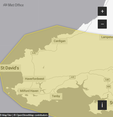 The Met Office weather warning covers part of Ceredigion