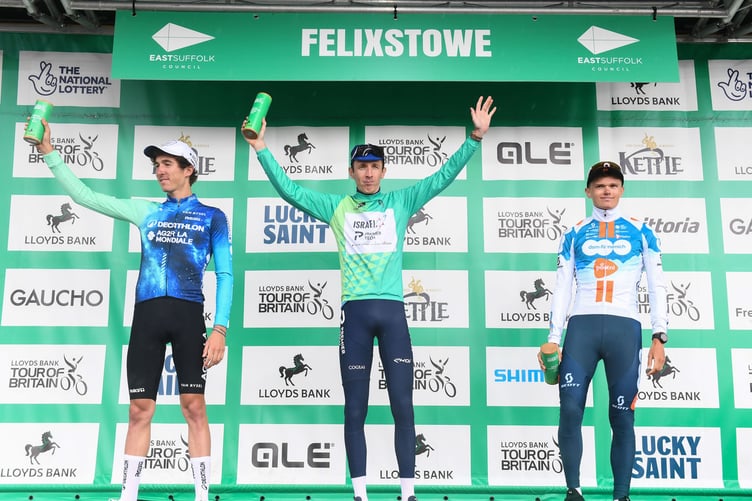 Lloyds Bank Tour of Britain Men winner Stevie Williams, flanked by Tom Donnewirth and Oscar Onley (Photo: SWpix.com)
