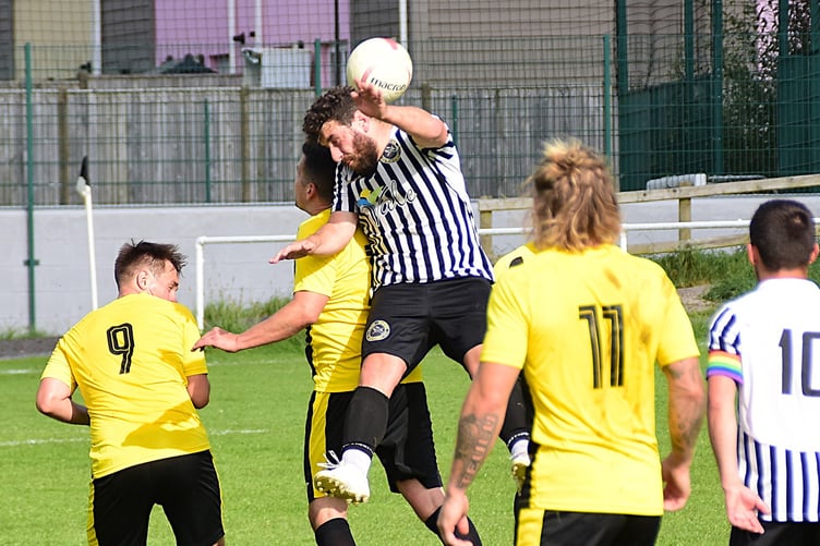 Goalmouth action from Bow Street's 3-1 win against Penparcau