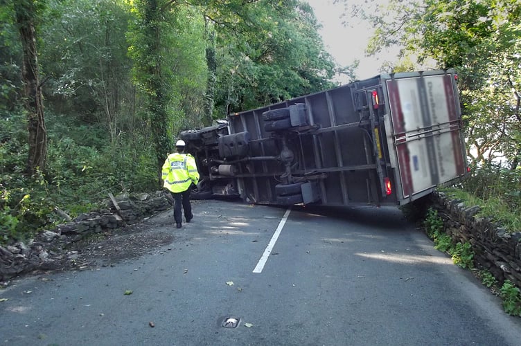 A lorry heading south on 17 September collided with the stone wall and overturned, completely blocking the road, Peter told the Cambrian News