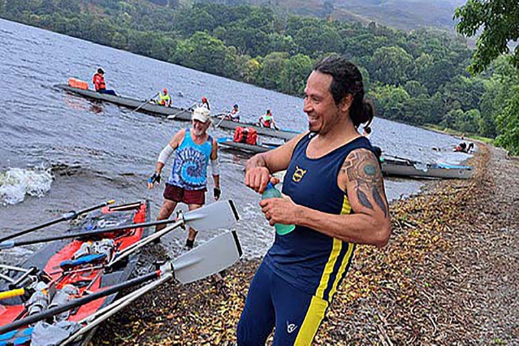 Bob Sharples and Javi Sanchez-Rodriguez at Loch Ness after completing the Monster Loch Challenge in a double scull