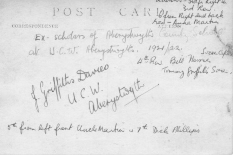 Some names can be found on the reverse side of the photograph of graduate students from UCW (1921/2)
