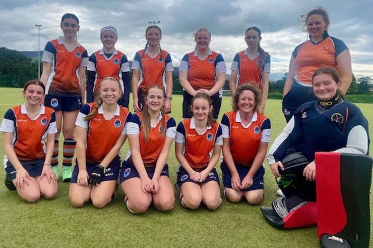 Dysynni Ladies Development Team, back row: Freya Read, Molly Hodges, Tilly Haf Thomas, Evelyn Morris, Pippa Rollings. Front row: Mari Jones, Tilly Papyrnik, Lucy Dimonaco, Annie Pughe, Sue Williams (captain) and Alanna Fox (GK)