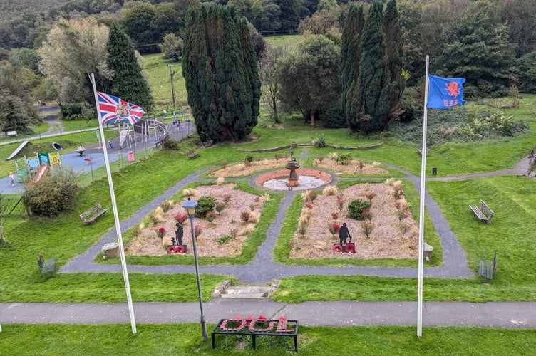The standard bearer flag in the memorial garden at Y Plas was taken down during a Cymdeithas yr Iaith/ Welsh Language Society rally last month