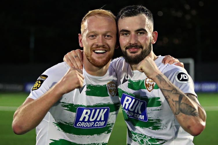 OSWESTRY, SHROPSHIRE, ENGLAND - 29th AUGUST 2024 - TNS' Sion Bradley and Leo Smith celebrate qualification after The New Saints vs FK Panevezys in the UEFA Europa Conference League Playoff Second leg at Park Hall, Oswestry (pic by Sam Eaden/FAW)