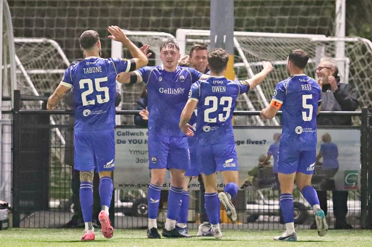 BALA, GWYNEDD, WALES - 4th OCTOBER 2024 - Haverfordwest's Rhys Abbruzzese celebrates his goal during Bala Town vs Haverfordwest County in Round 11 of the JD Cymru Premier at Maes Tegid, Bala (Pic by Sam Eaden/FAW)