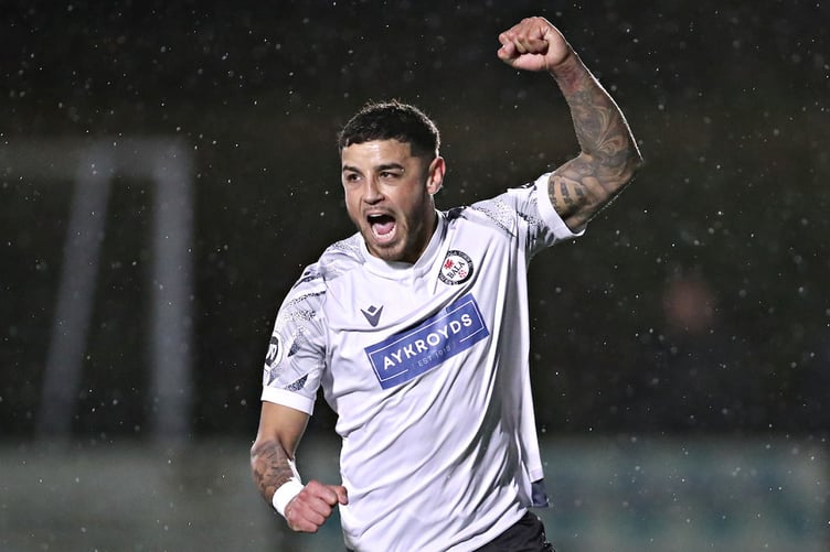 BALA, GWYNEDD, WALES - 5th APRIL 2024 - Bala's Naim Arsan celebrates a disallowed goal during Bala Town vs Newtown AFC in round 30 of the JD Cymru Premier at Maes Tegid, Bala (Pic by Sam Eaden/FAW)
