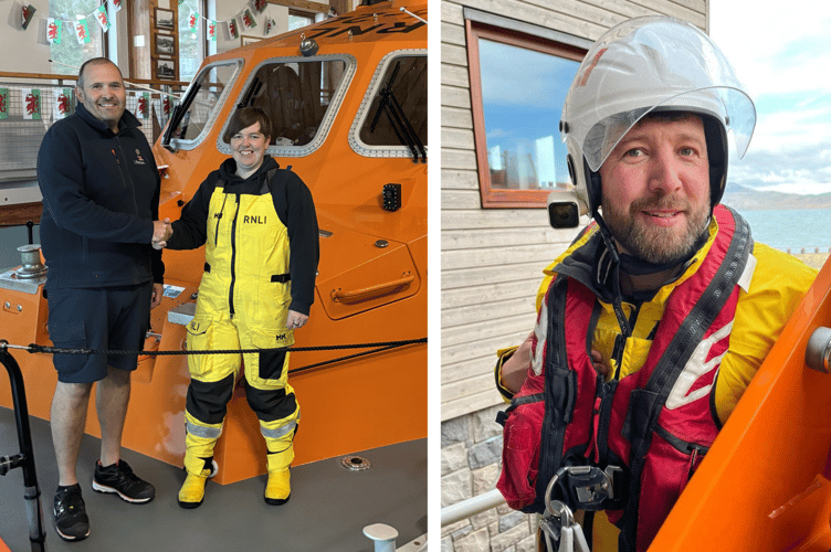 (Left) Caryl Thomas of Porthdinllaen being congratulated by RNLI Assessor Hugh 'Spud' Davies and (right) Adam Daniel of Porthdinllaen RNLI. Photos: RNLI/Dylan Thomas