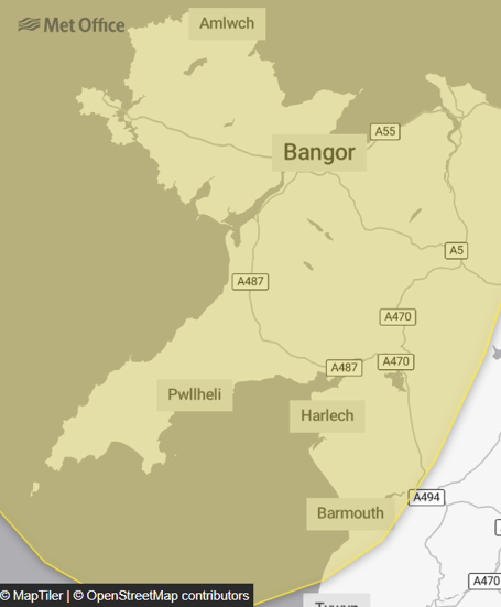 The Met Office image of the areas of Gwynedd affected by the weather warning