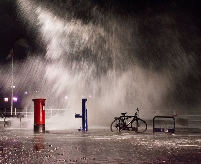 Dramatic scenes as waves breach Borth High Street during storm Ashley