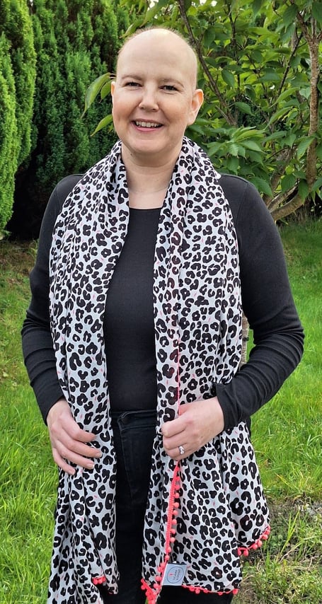 Ceredigion chemotherapy patient Clare Richard with a Super Scarf