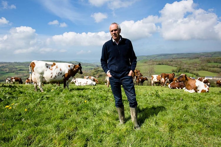 Patrick Holden with his dairy cows at Holden Farm in Lampeter