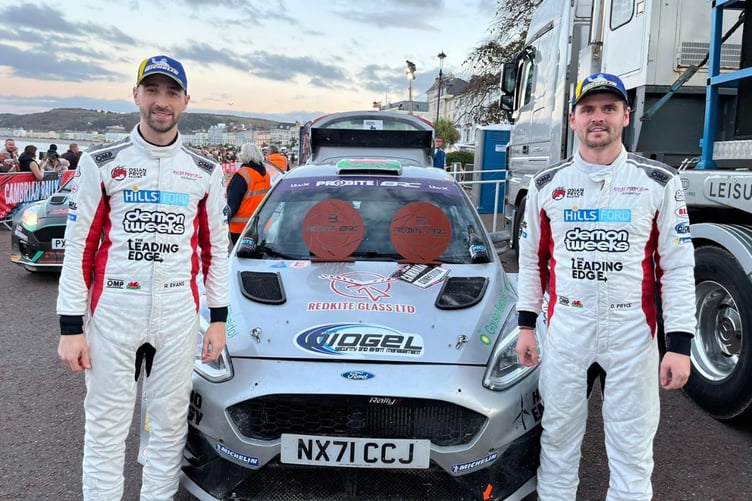 Osian Pryce and co-driver Rhodri Evans at the Cambrian Rally, where they finished third.