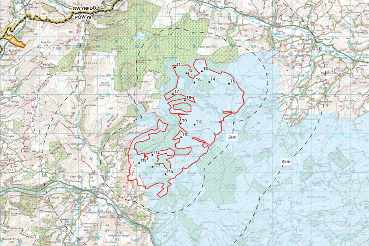 In red- the site boundary for 15 wind turbines creating Llanbrynmair Wind Farm. The area in blue is land that has been earmarked as a 'pre-assessed area for wind energy' by Welsh Government.